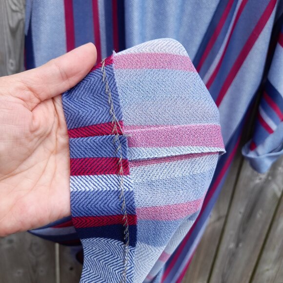 Vintage 70s Tunic Dress Kaftan 45"B Blue Red Stripes Dolman Sleeves - Picture 9 of 15